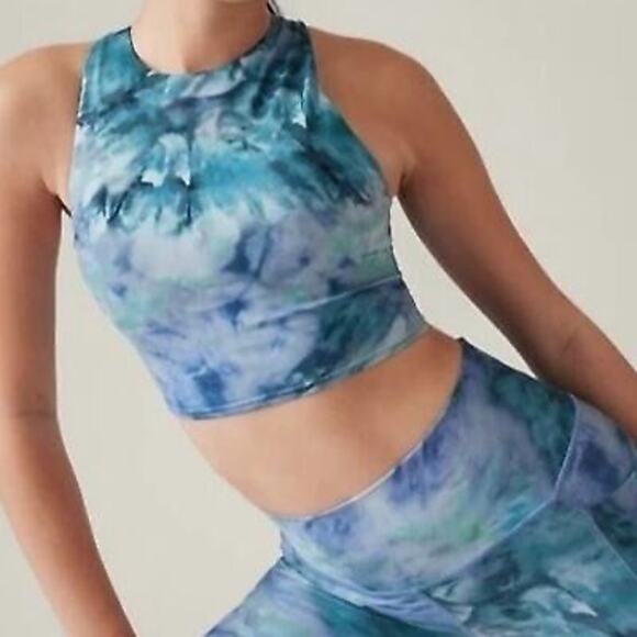 New Athleta Conscious Crop Printed A-C Bra Top Solarize Chrome Blue Tie Dye Sz M - Picture 1 of 6